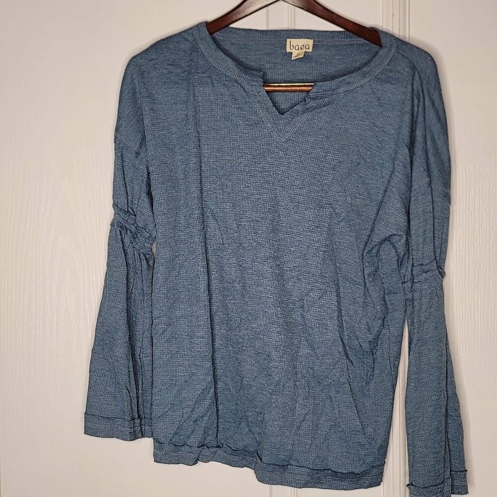 BAEA new MEDIUM thermal shirt top blouse textured blue bell long sleeve Casual